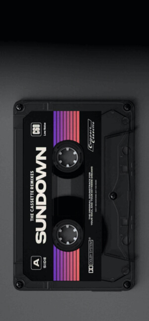 A black retro cassette tape titled Sundown with purple and pink sunset stripes on a dark background.