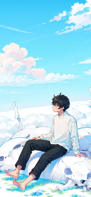 An anime boy with dark hair and a white sweater sitting barefoot on a massive white dragon skull above a sea of clouds under a bright blue sky.
