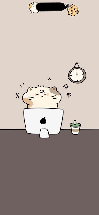 A minimalist doodle of a grumpy calico cat sitting in front of a computer with symbols of frustration, a clock showing midnight, and two tiny cats at the top notch.