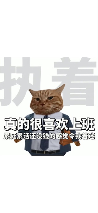 Un gato naranja con traje de negocios y maletín, fondo blanco con letras chinas sobre el trabajo.