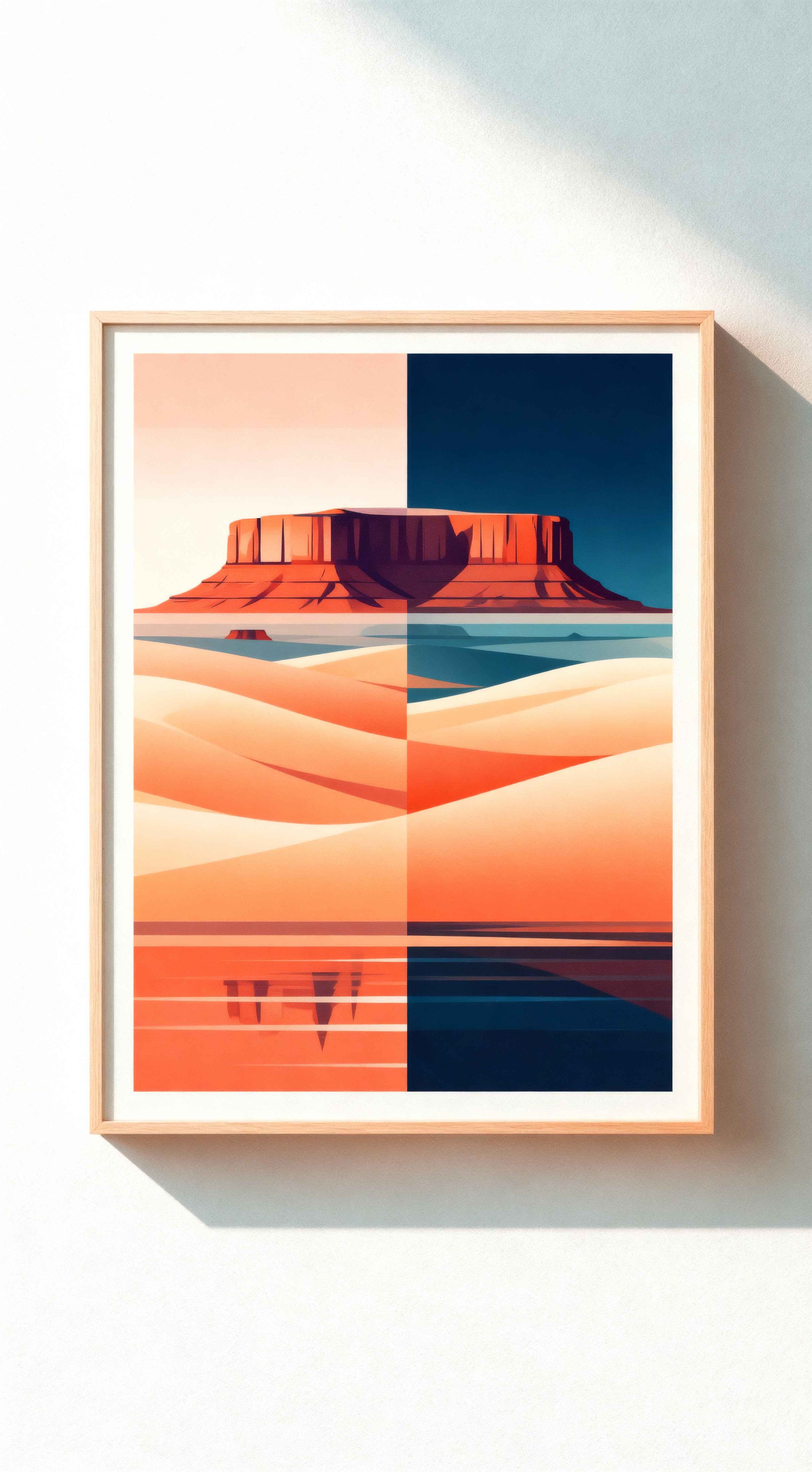 Minimalist flat illustration of a desert mesa and sand dunes with a warm and cool split color palette in a wooden frame.