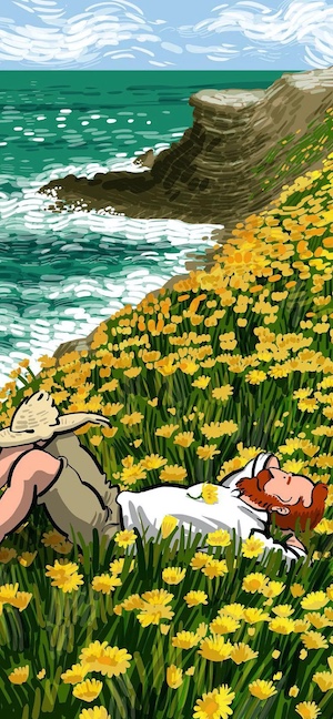 바다가 보이는 절벽 위 노란 꽃밭에 누워 있는 붉은 머리의 고흐풍 남성을 묘사한 인상주의 스타일 일러스트.