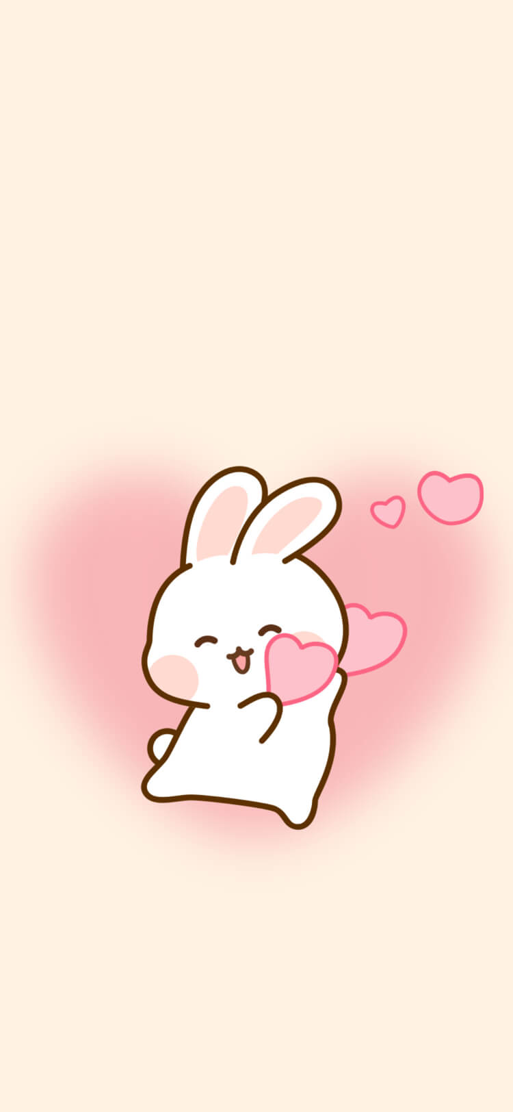 A cute white cartoon bunny holding a pink heart with floating heart bubbles on a soft cream background, animated live wallpaper style.