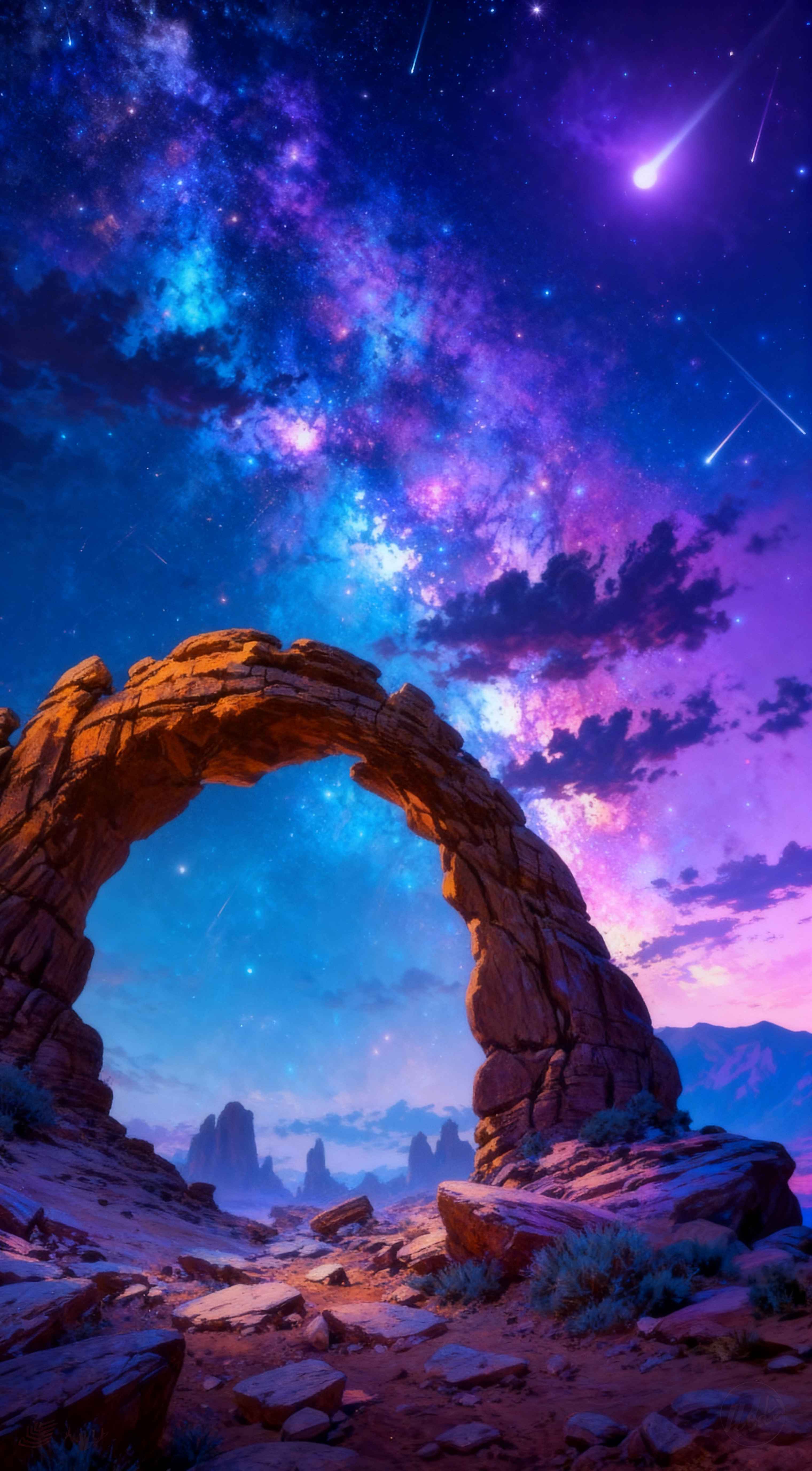 Natural stone arch in a desert under a vibrant purple and blue Milky Way galaxy with shooting stars at night.