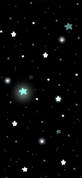 Hand-drawn white and teal stars scattered on a solid black background with soft glowing light dots.