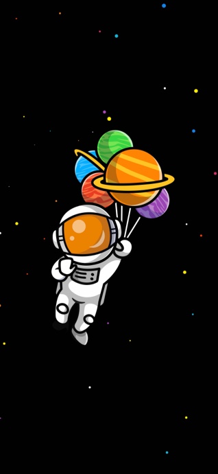 Ein niedlicher Comic-Astronaut schwebt im schwarzen Weltraum und hält bunte Luftballons, die wie Planeten aussehen.