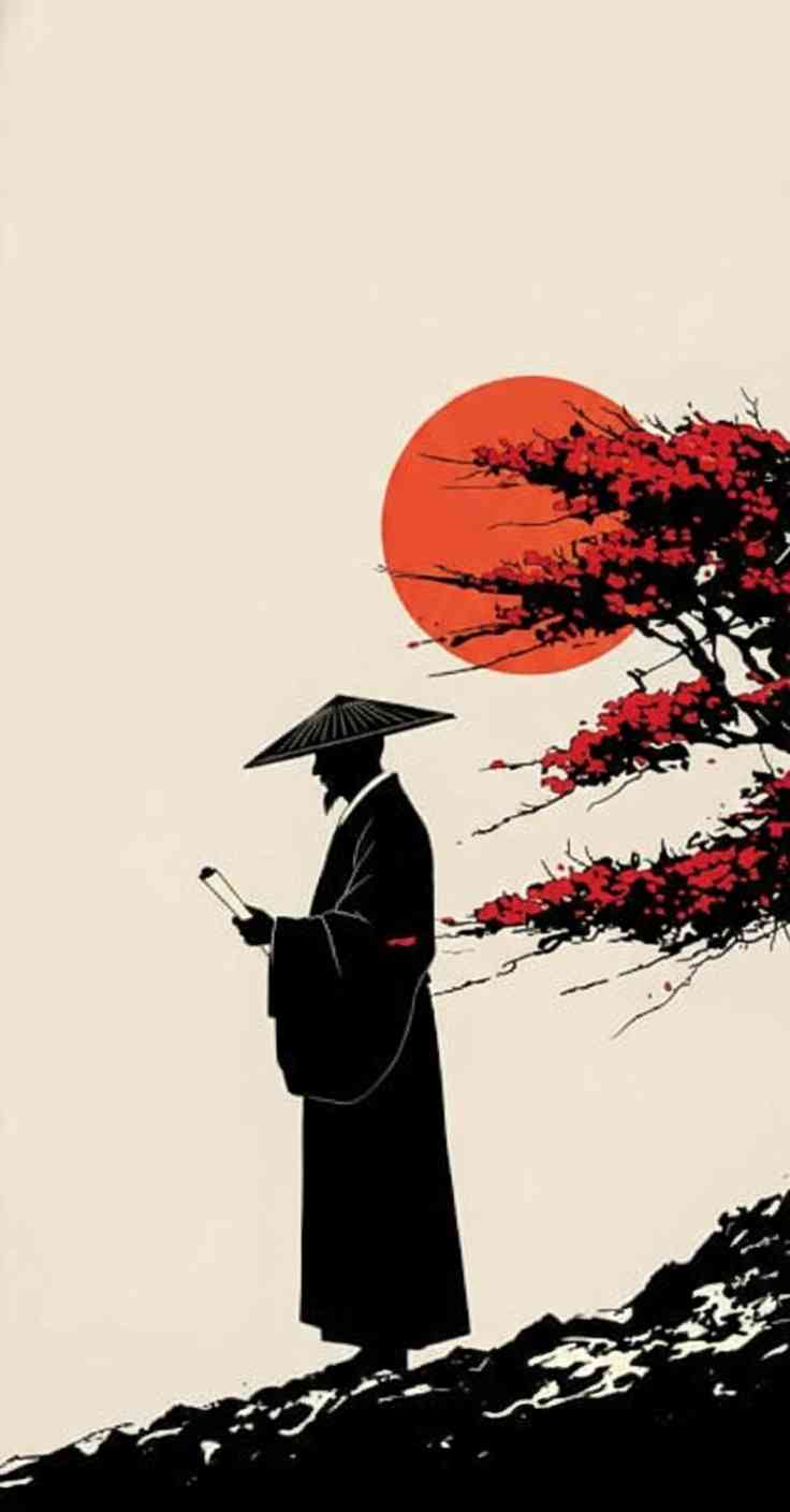 Silhouette of a Japanese monk reading a scroll under a red sun and tree in minimalist black and red art style.