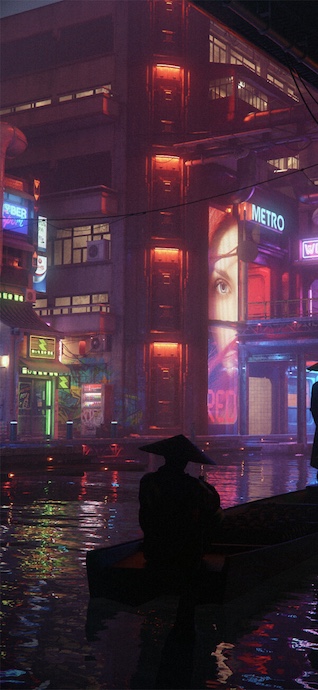 A person in a conical hat on a boat in a futuristic cyberpunk city canal at night with neon lights.