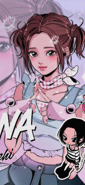 Ilustración de chica anime con coletas y pañuelo rosa a cuadros, estilo retro Y2K con colores pastel y brillantes.