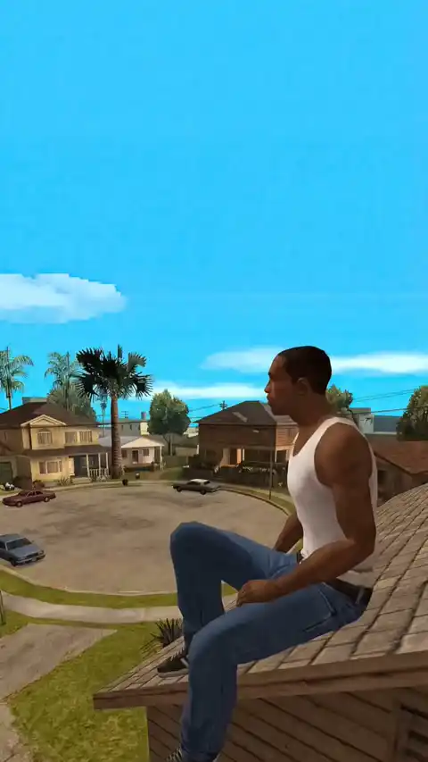 Animated wallpaper of CJ from GTA San Andreas sitting on a roof overlooking Grove Street in 4K resolution.