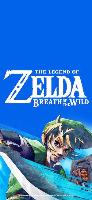 Action illustration of Link from The Legend of Zelda Breath of the Wild with a blue sky background and game logo.