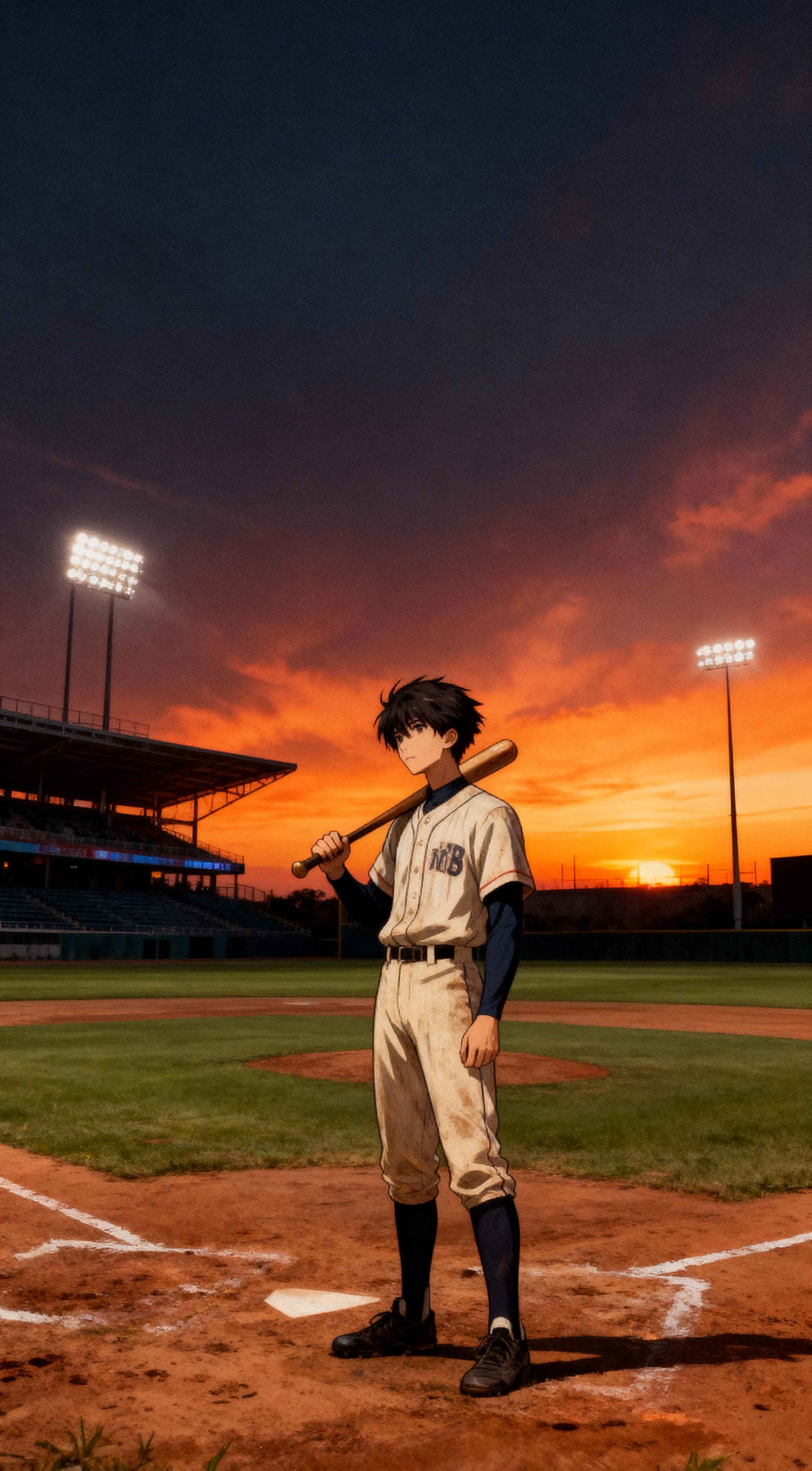Anime baseball player holding a bat on a field at sunset with a dramatic orange sky and stadium lights.