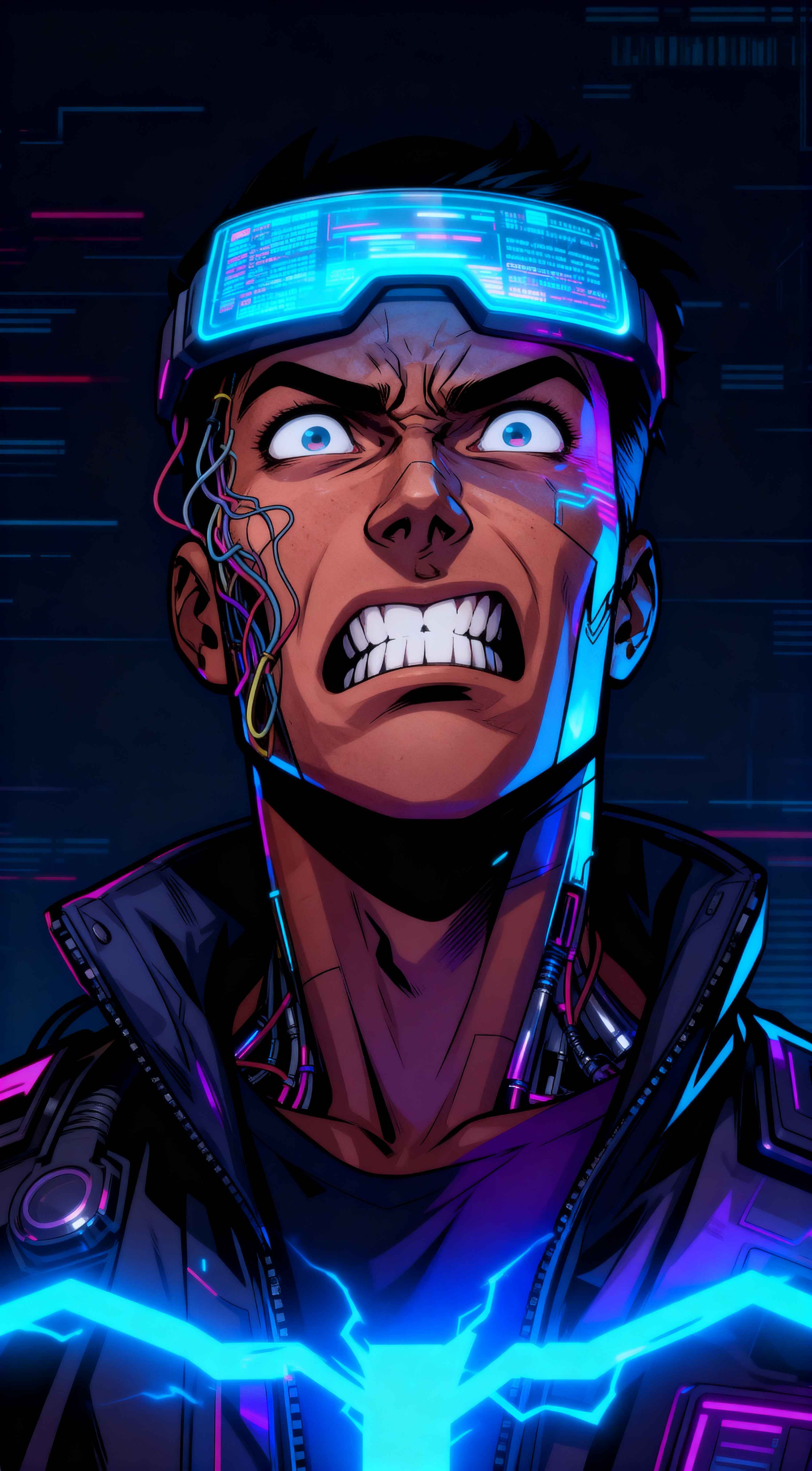 Angry anime man with glowing cyan cybernetic visor and mechanical neck implants in a neon cyberpunk art style.