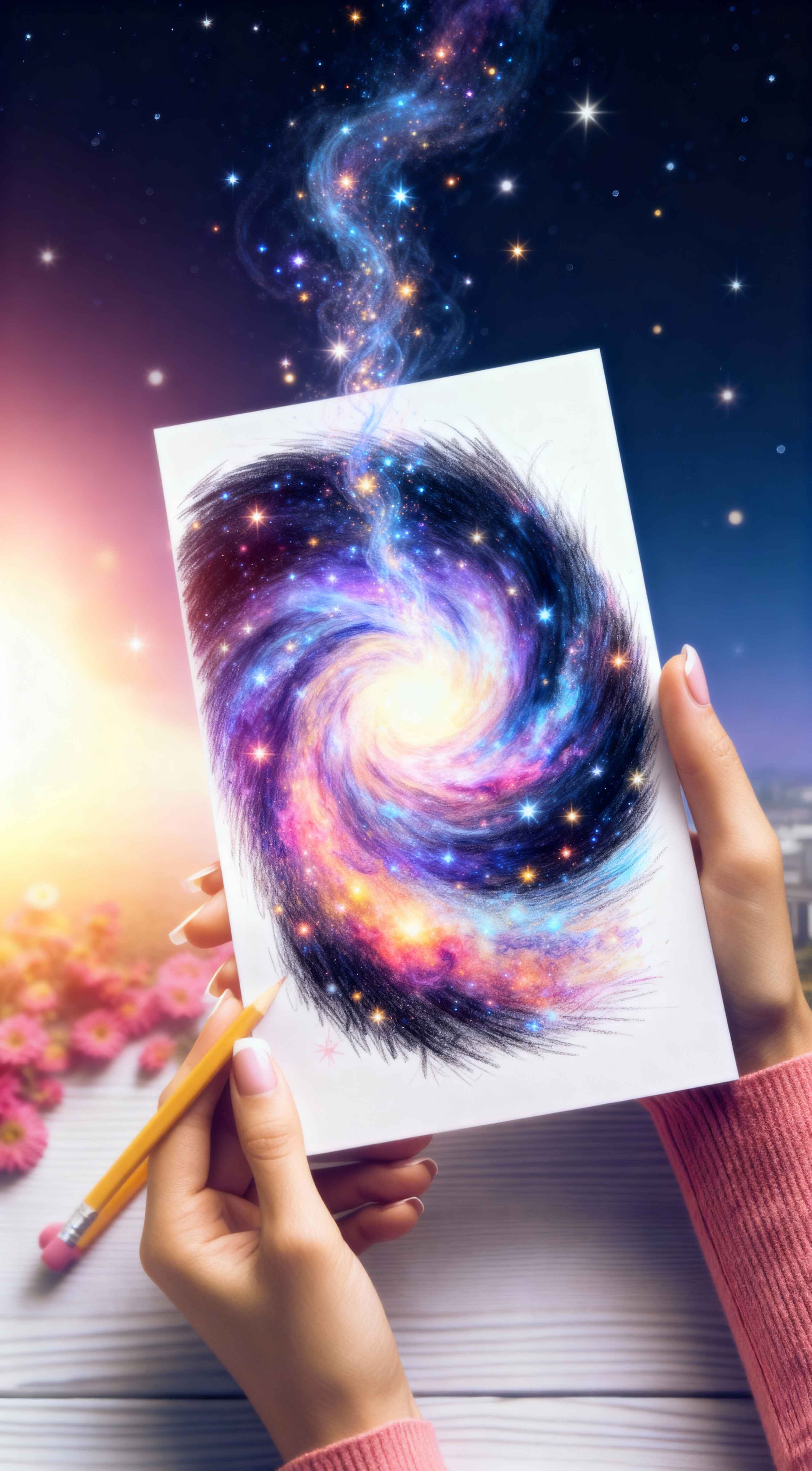 A person holding a pencil sketch of a glowing purple and blue spiral galaxy with stardust flowing into a starry night sky.
