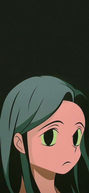 거친 질감의 어두운 배경 위로 초록색 머리카락과 큰 눈을 가진 레트로 애니메이션 풍의 소녀 일러스트.