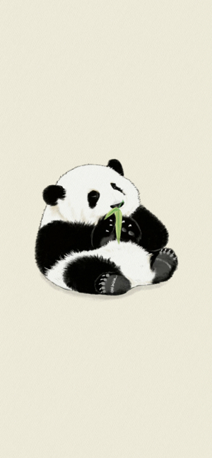 A cute, fluffy hand-drawn illustration of a giant panda sitting and eating a green bamboo leaf on a light cream textured background.