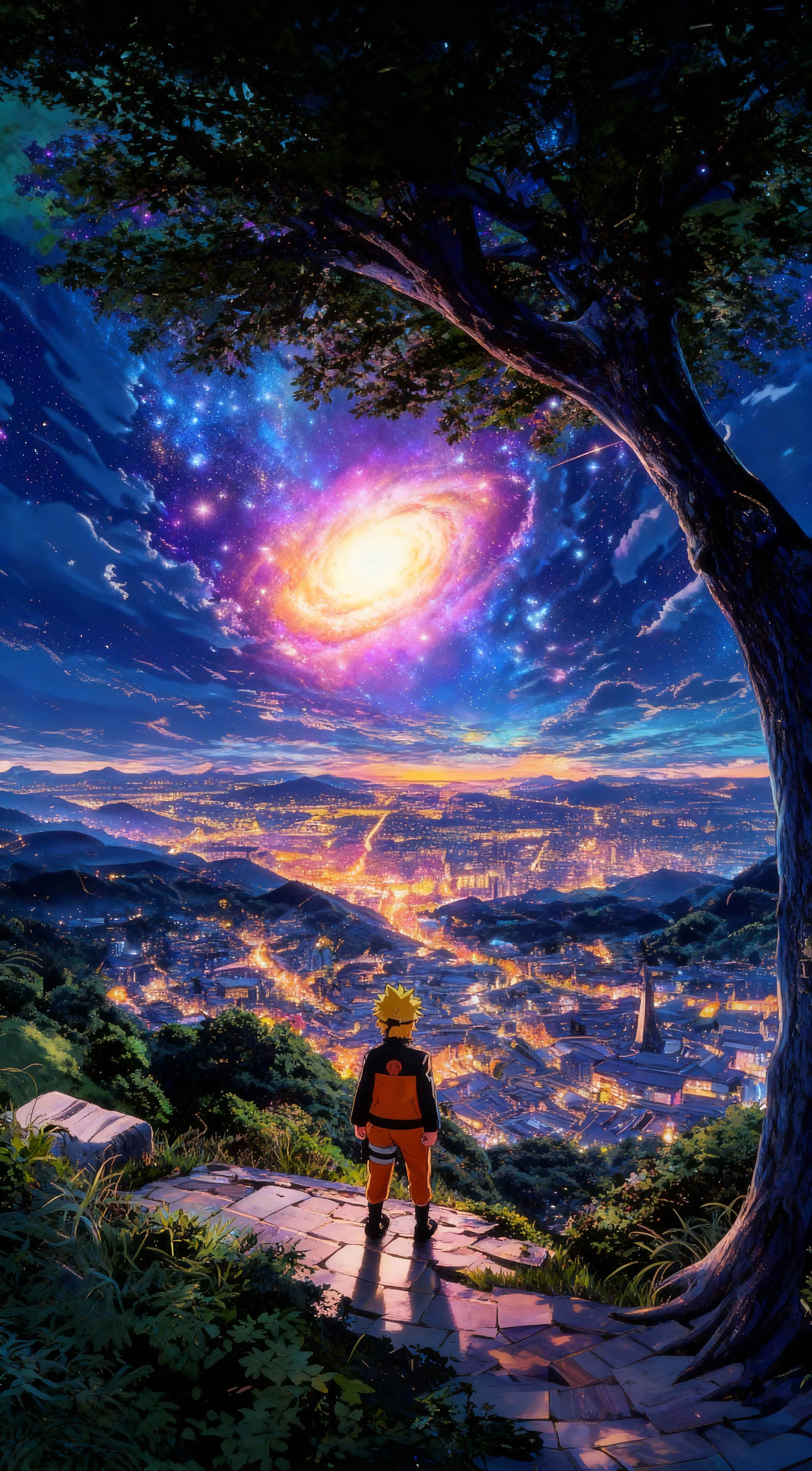 Naruto Uzumaki standing on a mountain overlooking a glowing city under a vibrant purple and orange galaxy nebula.