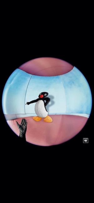 A creative parody of Harry Styles' Harry's House album cover featuring the claymation character Pingu inside a fisheye lens circle on a black background.