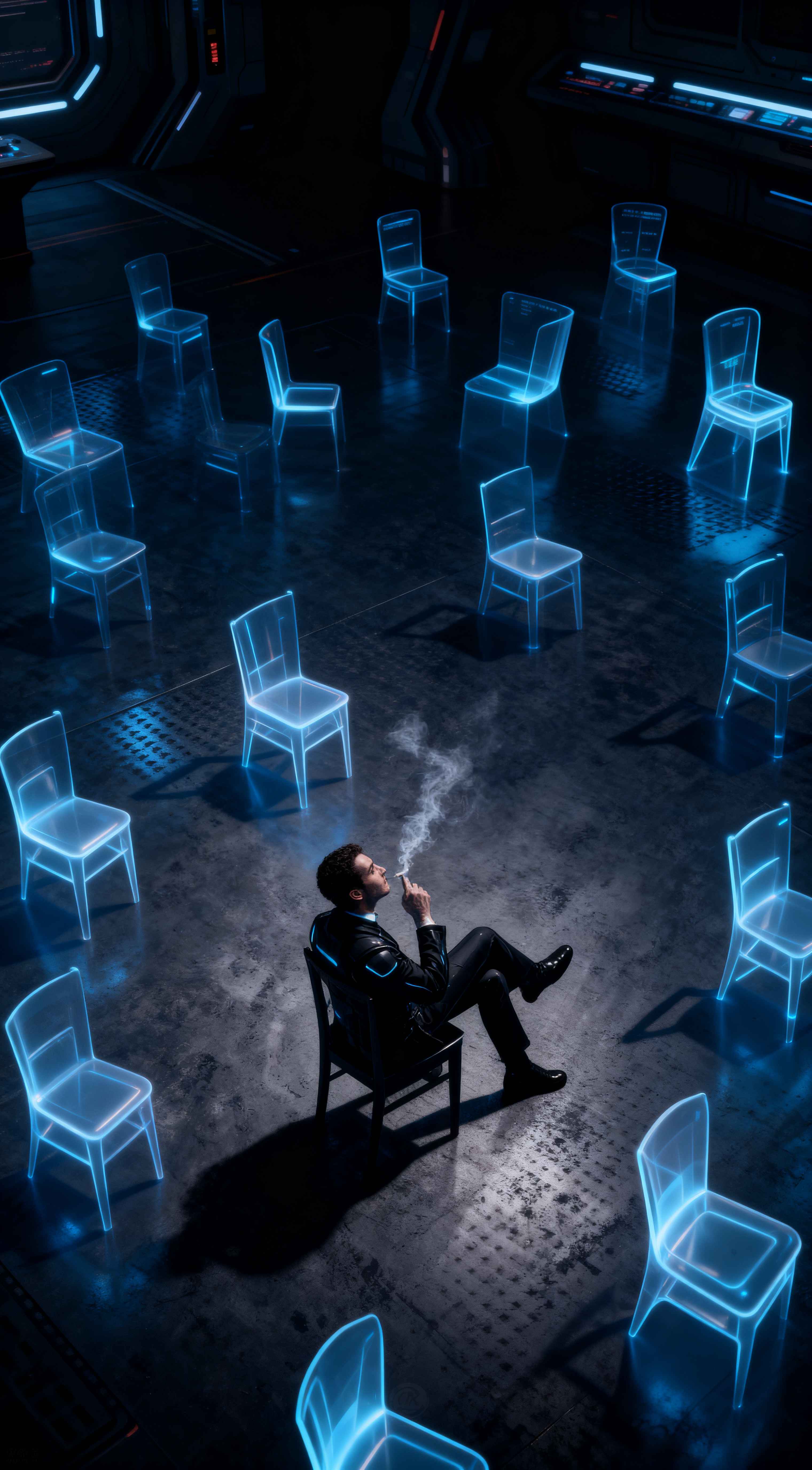 A man in a black suit smoking a cigarette sitting in a dark room surrounded by glowing blue hologram chairs.