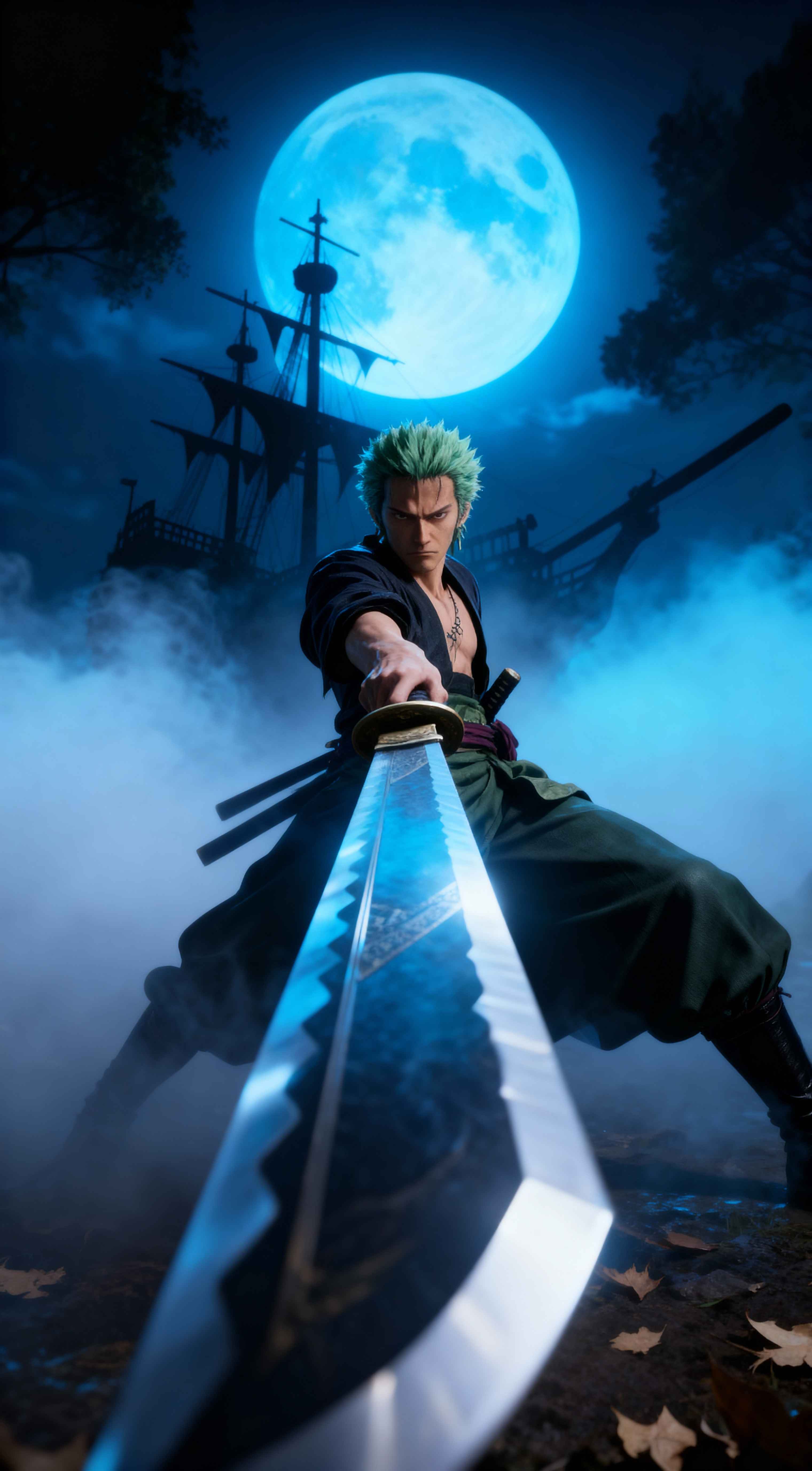 Realistic Roronoa Zoro with green hair holding a katana under a large glowing blue moon and a pirate ship at night.