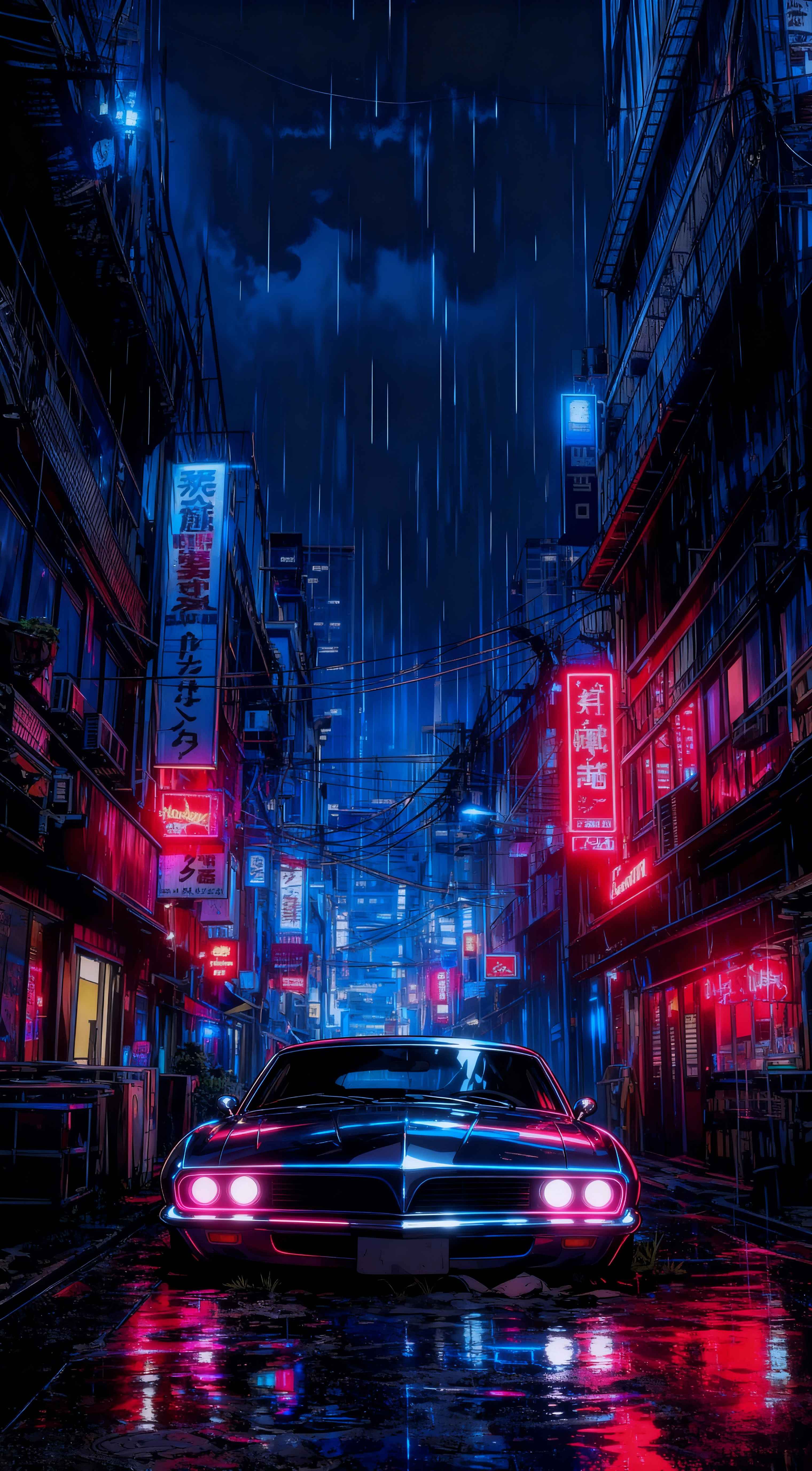Classic muscle car on a rainy cyberpunk city street with neon red and blue signs reflecting on wet pavement at night.