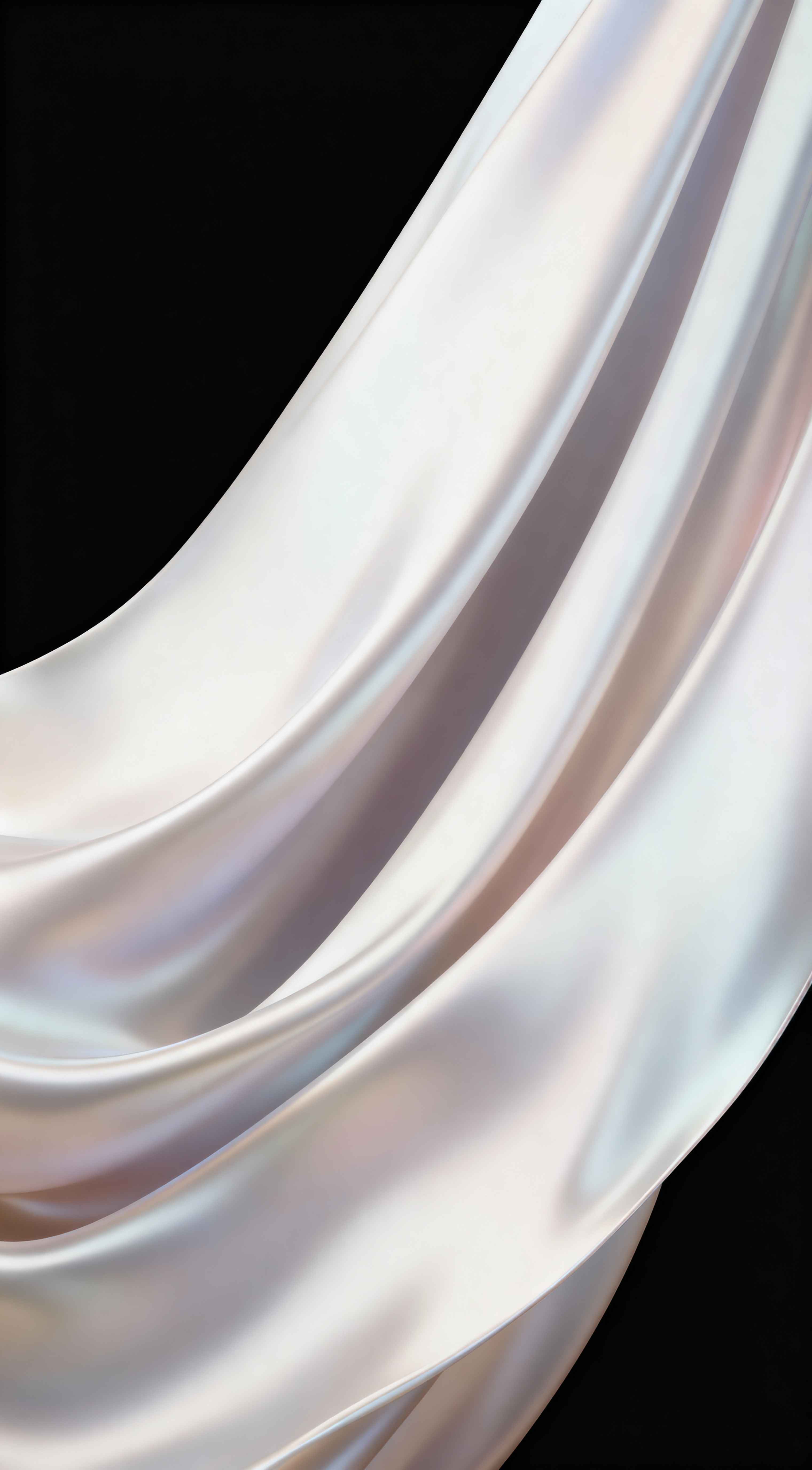 Elegant white silk fabric folds with soft pearlescent sheen against a solid black background.