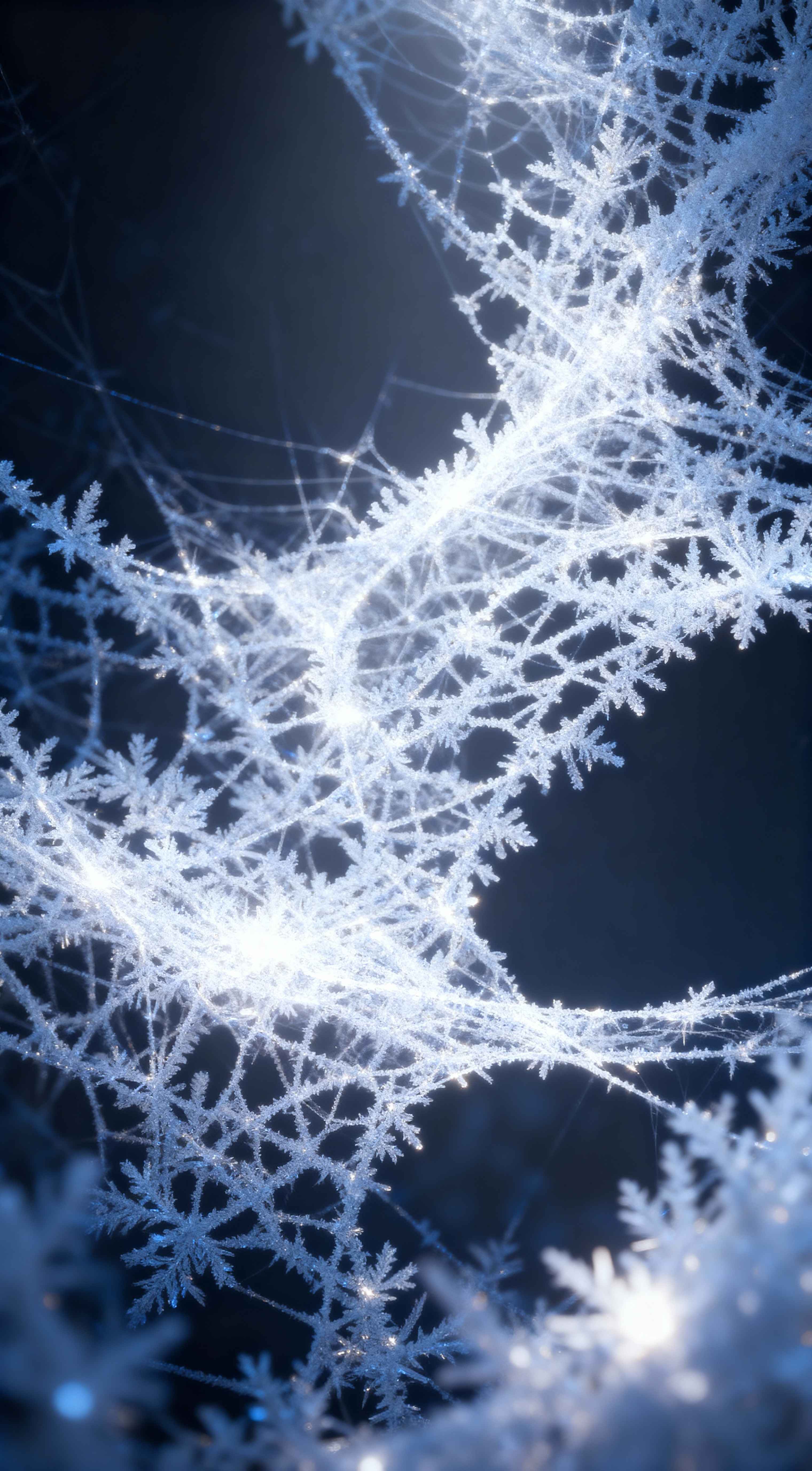 Macro shot of frozen snowflakes on a spiderweb with shimmering ice blue crystals against a dark blue background.
