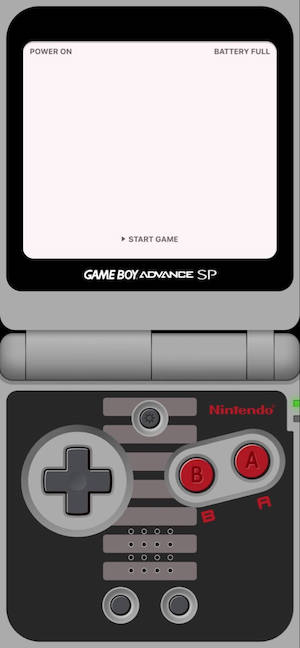 Ilustración digital de una consola Game Boy Advance SP edición NES con botones rojos y cuerpo gris.