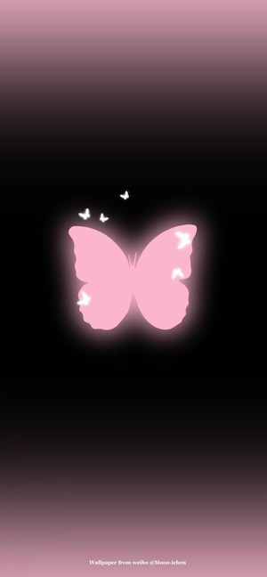 A glowing pink butterfly silhouette centered on a dark black and rose gradient background with small sparkling white butterfly accents.
