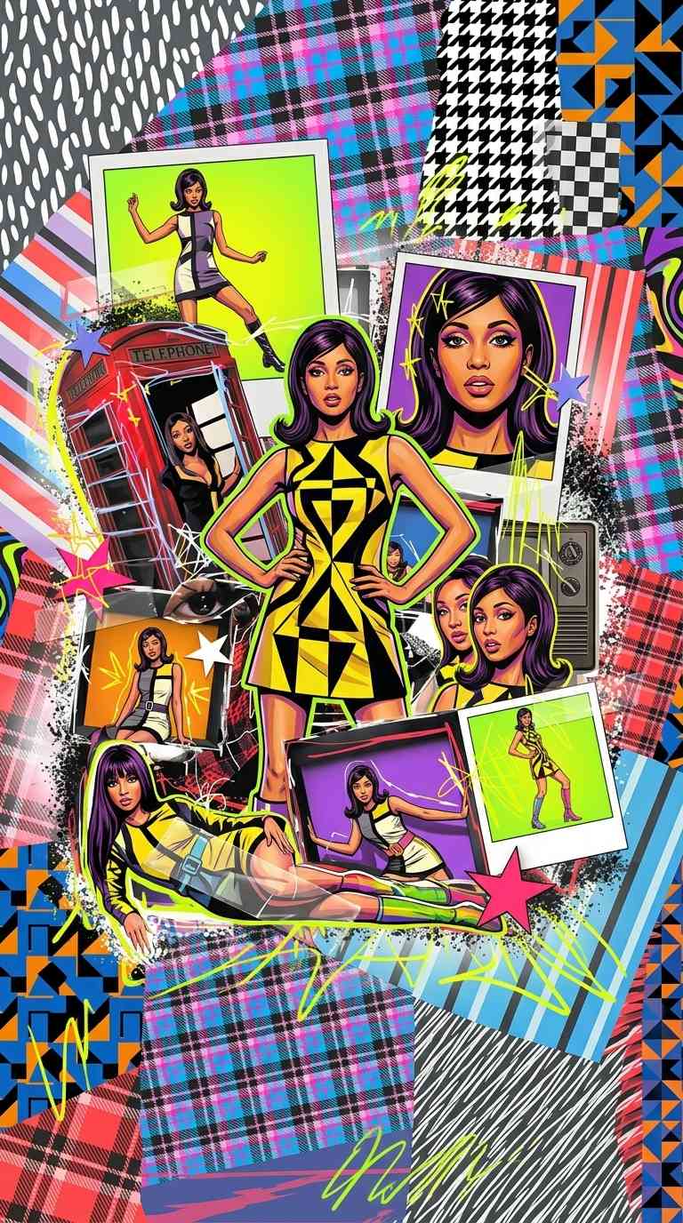 60年代風の幾何学模様のドレスを着た女性とレトロな電話ボックスなどのコラージュイラスト