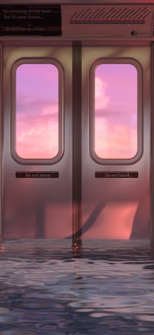 A surreal interior of a subway train flooded with water, reflecting a vibrant pink sunset sky visible through the door windows.