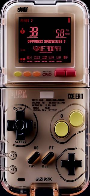 Console de jeu portable rétro avec coque transparente, écran numérique rouge et boutons jaunes.
