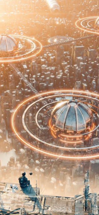 Un personnage assis sur un rebord de gratte-ciel regardant une ville futuriste géante avec des cercles lumineux dorés.