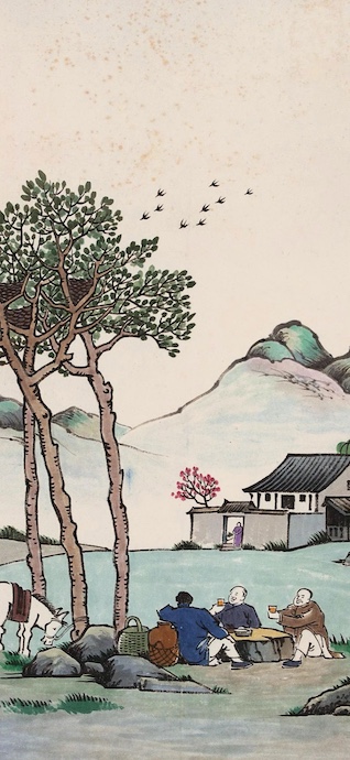 A traditional Chinese ink and wash painting showing three men drinking tea under trees by a mountain, with birds flying above and a horse nearby.