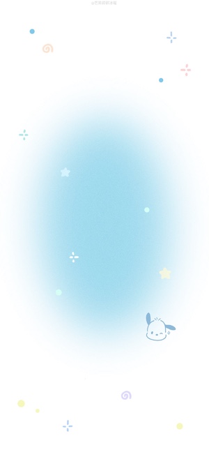A cute winking white puppy character like Cinnamoroll on a soft blue and white background with pastel stars and sparkles.