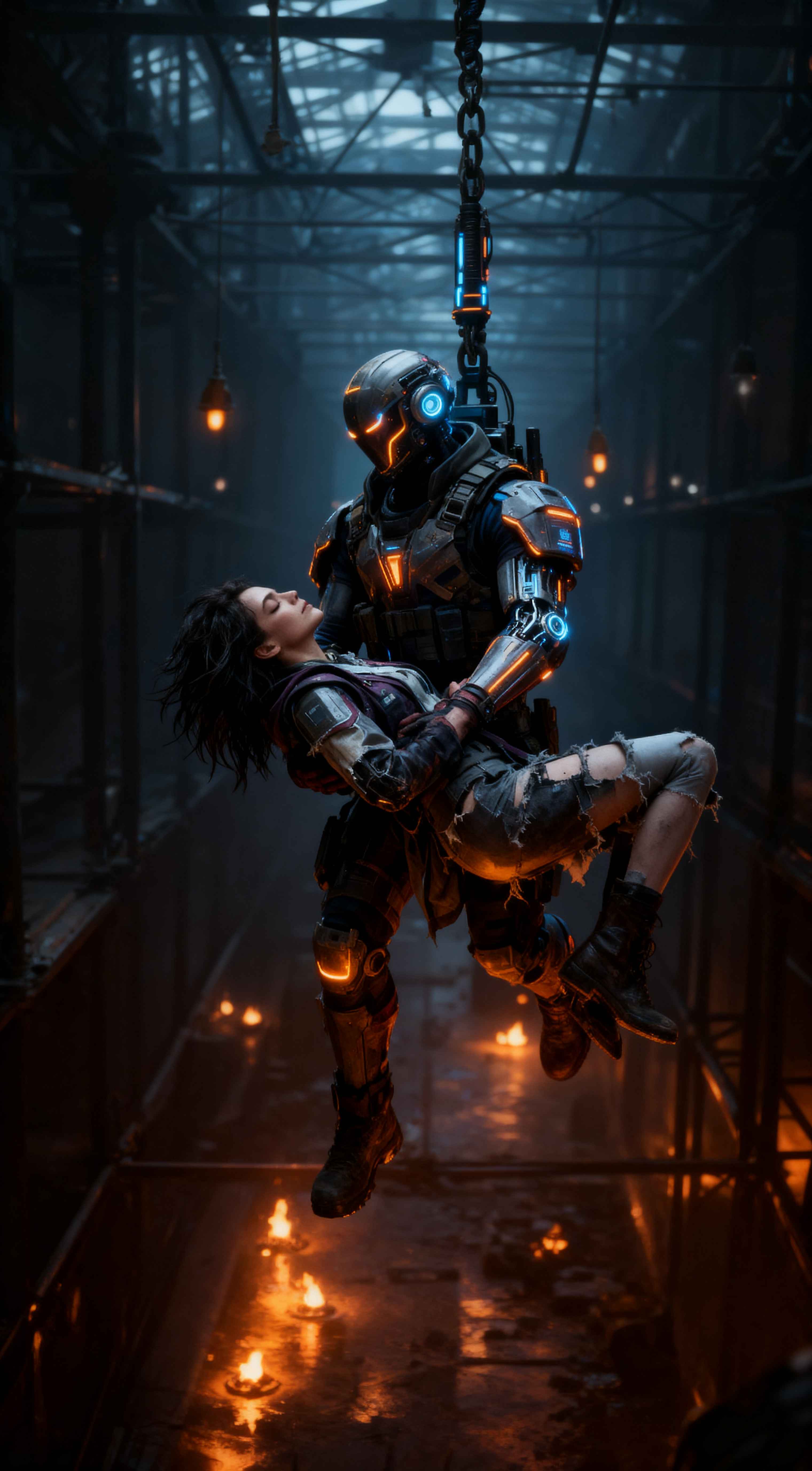 Cyborg soldier in glowing armor carrying a woman in a dark industrial sci-fi setting with orange fire and blue neon lights.