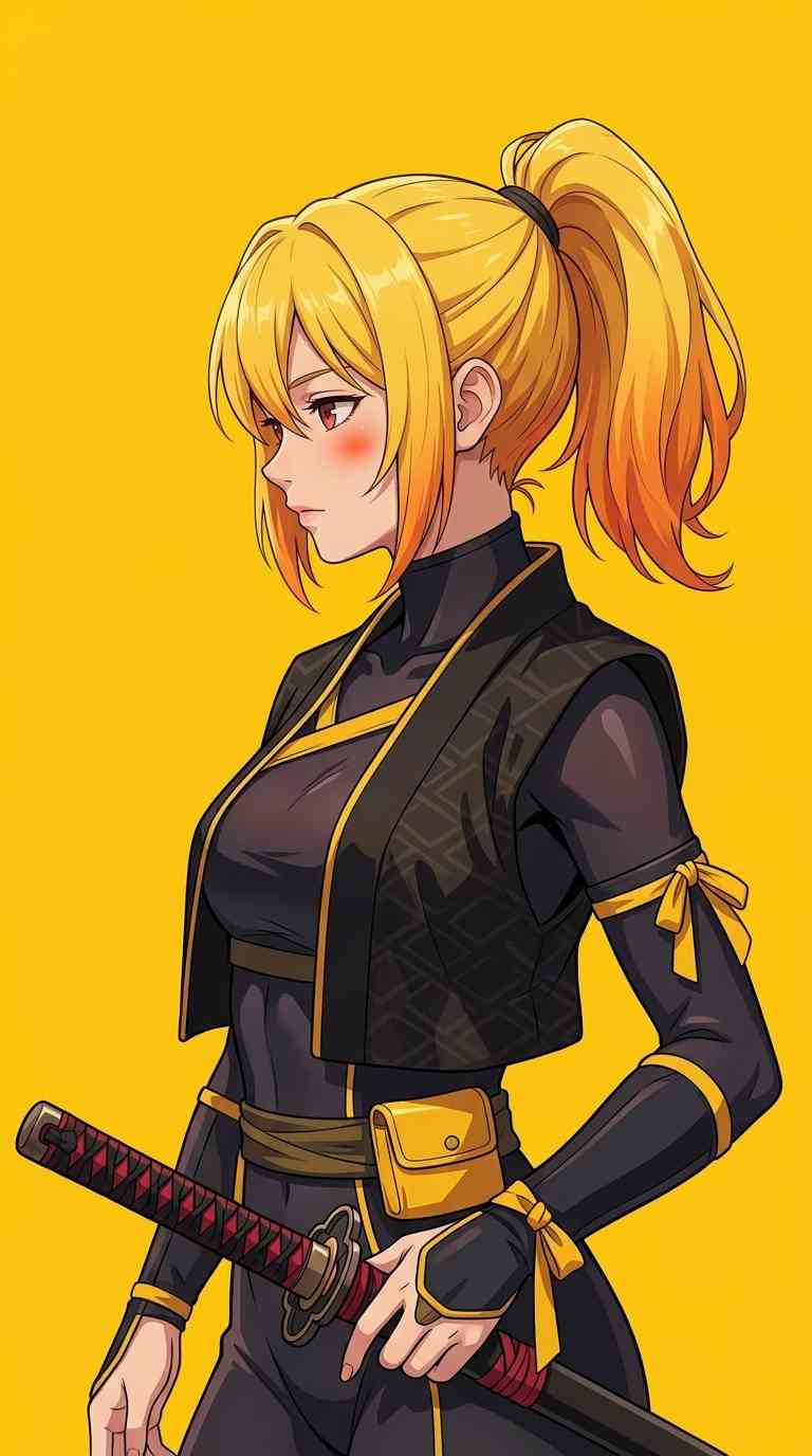 검은색과 노란색 닌자 의상을 입고 카타나를 들고 있는 금발 애니메이션 소녀, 배경은 선명한 노란색.