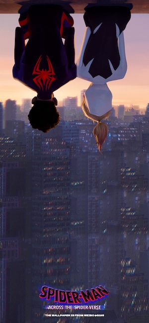 Miles Morales and Gwen Stacy sitting upside down on a building ledge overlooking a sunset city skyline in Spider-Man: Across the Spider-Verse.