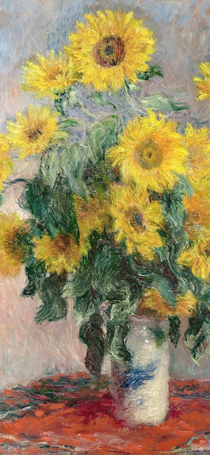 흰 화병에 담긴 해바라기를 인상파 스타일로 그린 유화. 노란색과 초록색의 강렬한 붓터치가 특징입니다.