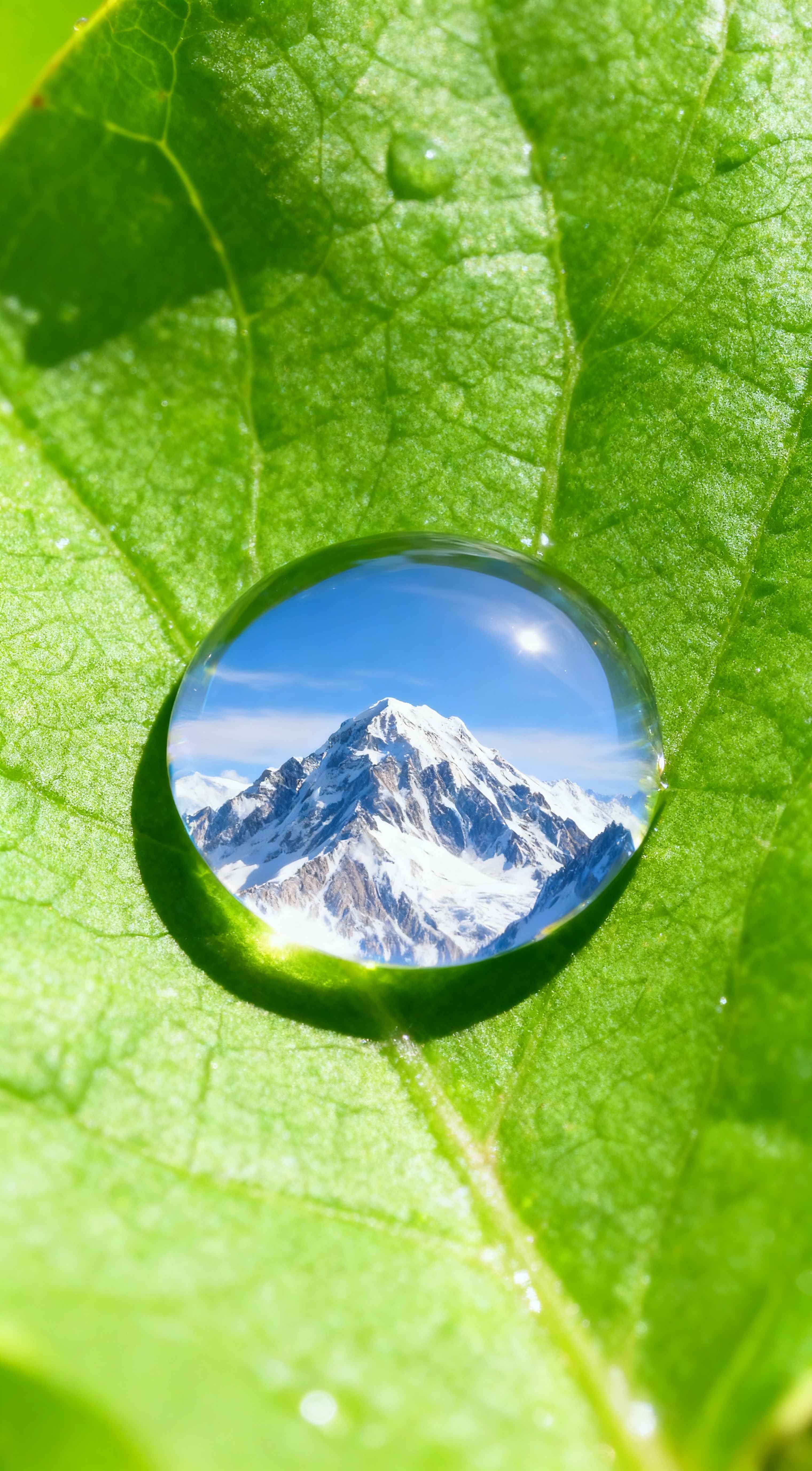 Macro shot of a water droplet on a green leaf reflecting a snow-capped mountain peak under a clear blue sky.