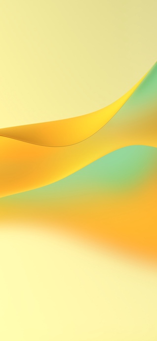A minimalist abstract digital wallpaper featuring smooth, flowing 3D curves in warm yellow, vibrant orange, and soft mint green gradients against a pale yellow background.