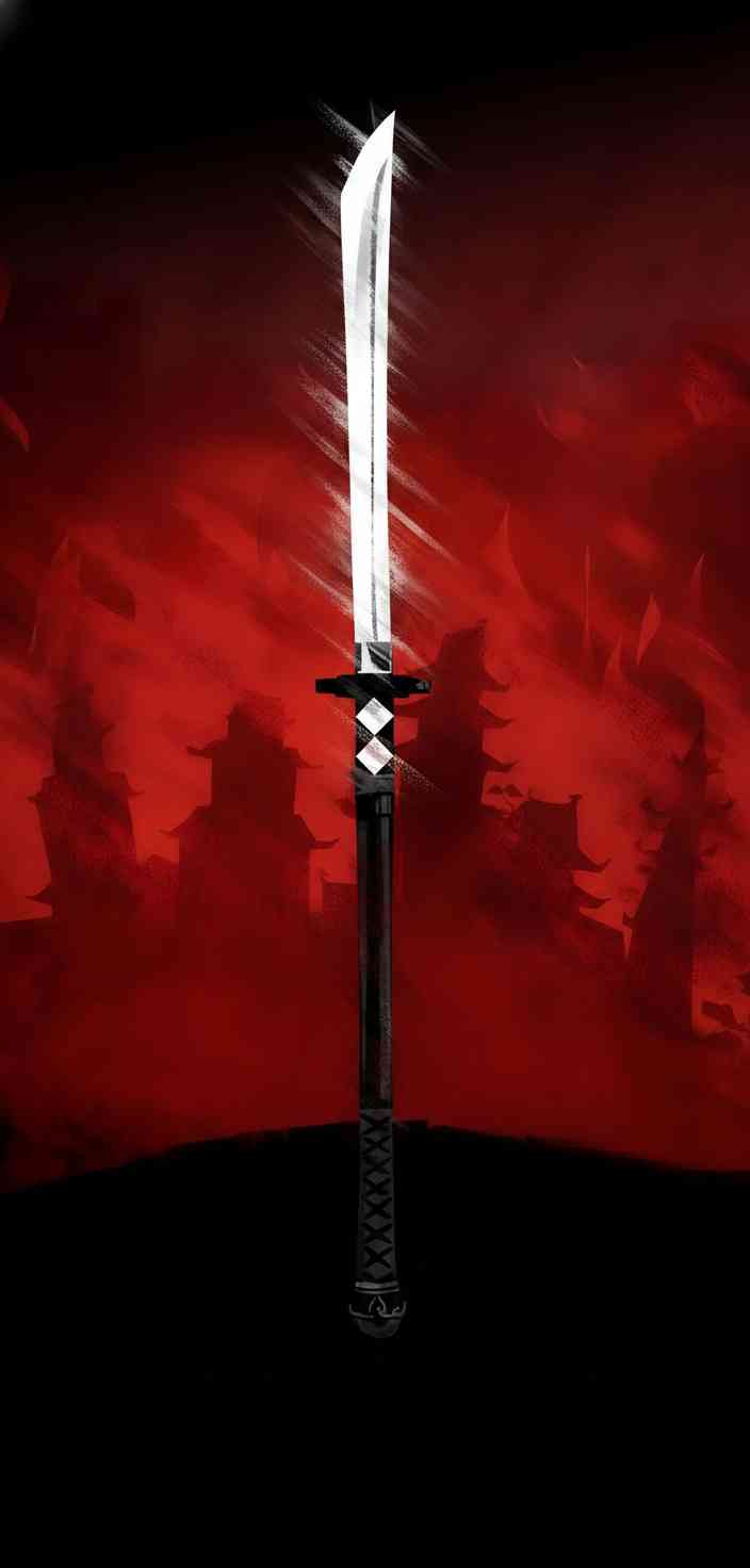 A black and white katana sword glowing against a dark red foggy background with silhouettes of Japanese pagodas.