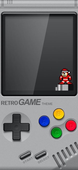Una consola de juegos portátil retro gris con un Mega Man de arte de píxeles de 8 bits con un traje de Santa Claus en la pantalla.