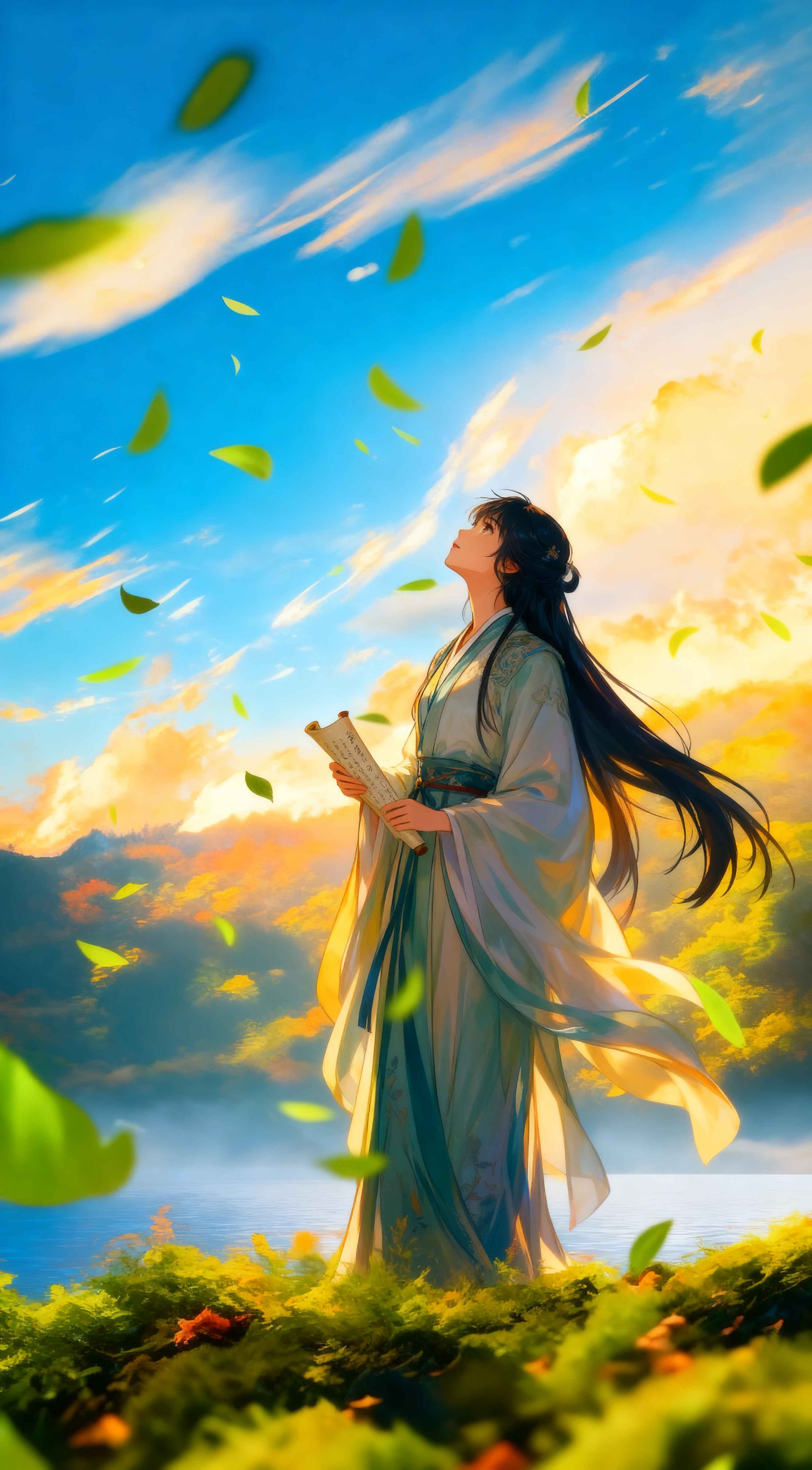 Anime girl in white and teal Hanfu holding a scroll under a blue sky with golden clouds and flying green leaves.