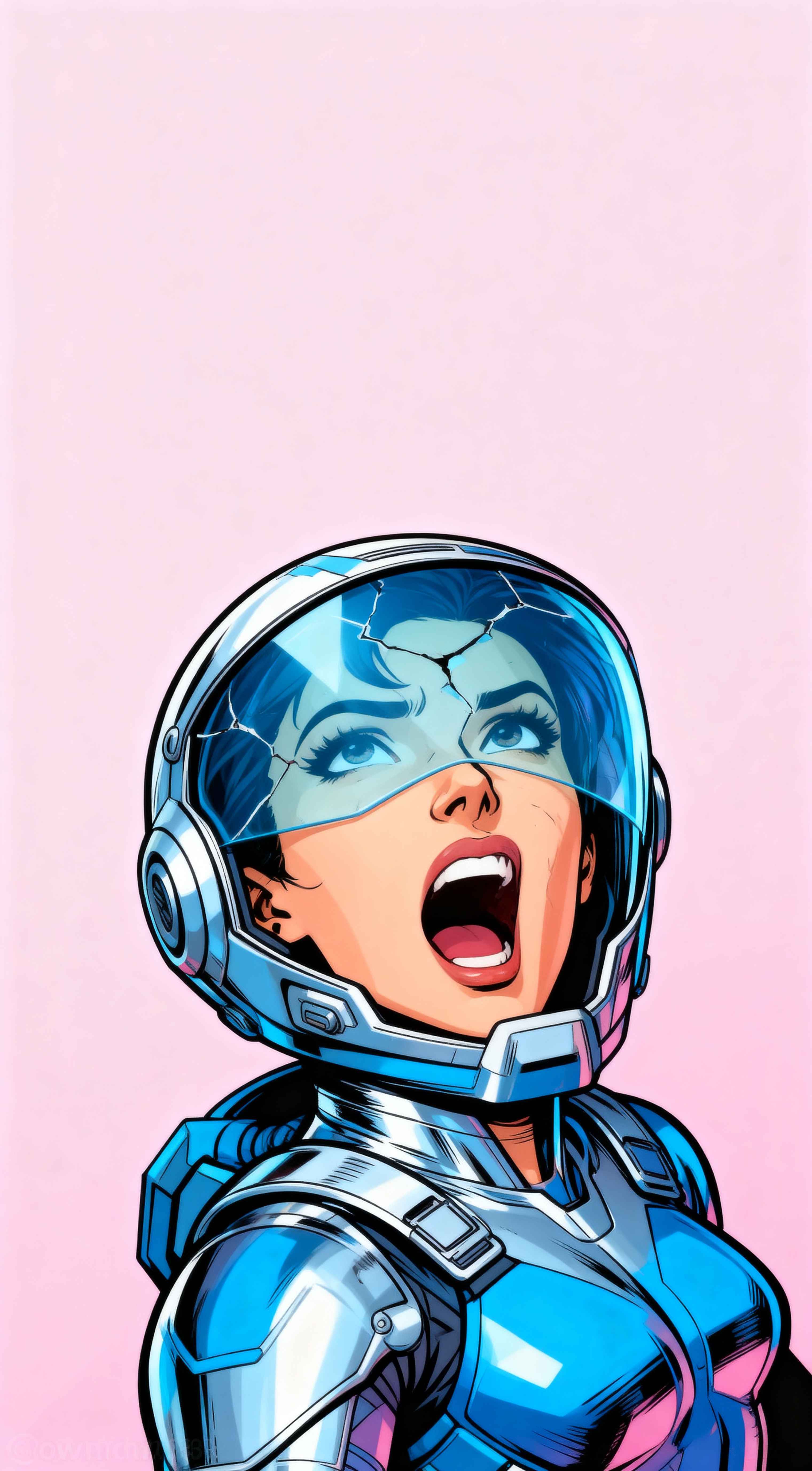 Comic book style illustration of a woman in a blue space helmet with a cracked visor against a pink background.