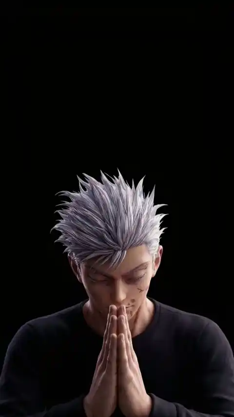 3D cinematic live wallpaper of Gojo Satoru with white spiky hair in a praying pose against a dark background.