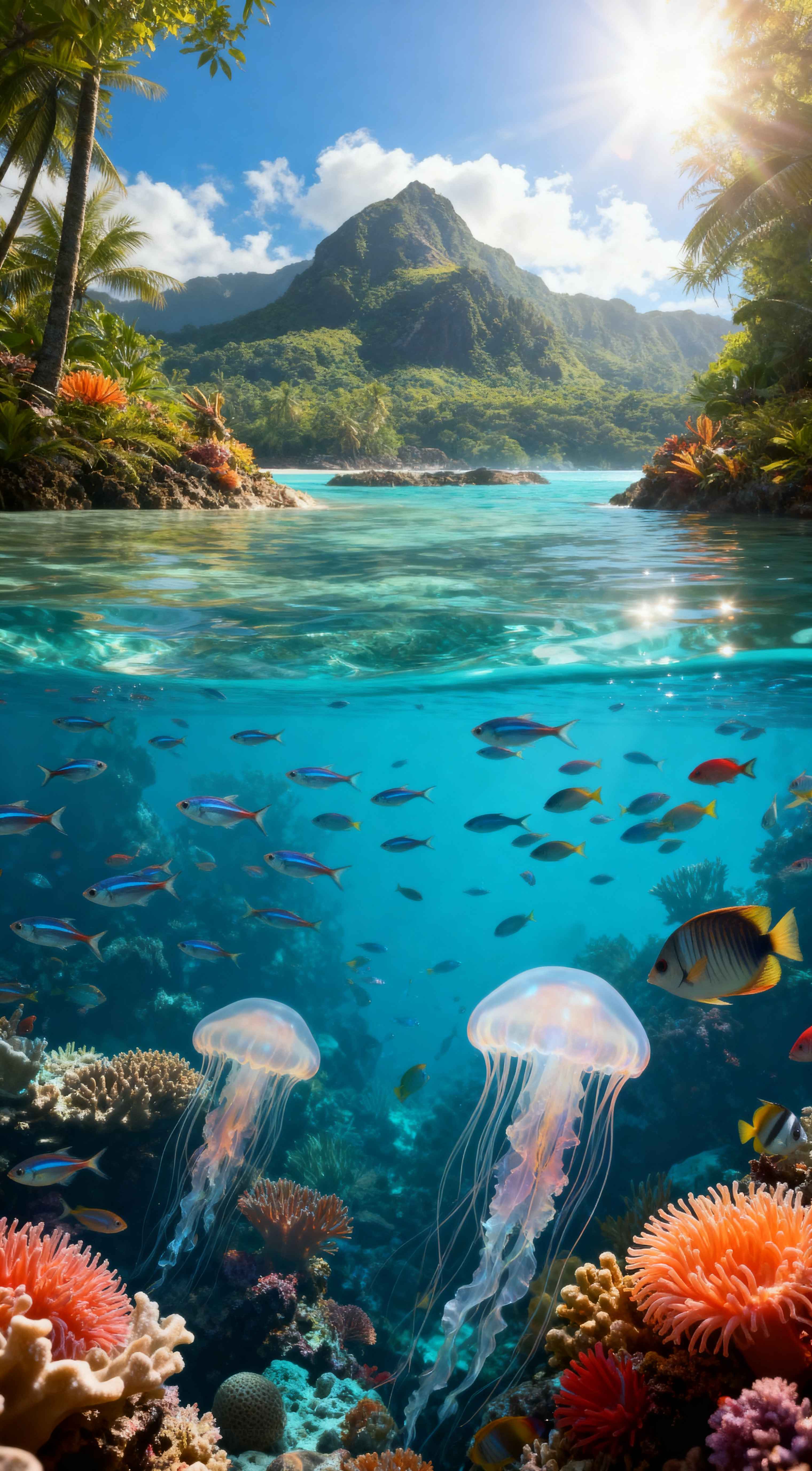 Split view of a tropical island above water and a colorful coral reef with jellyfish and fish below under bright sunlight.