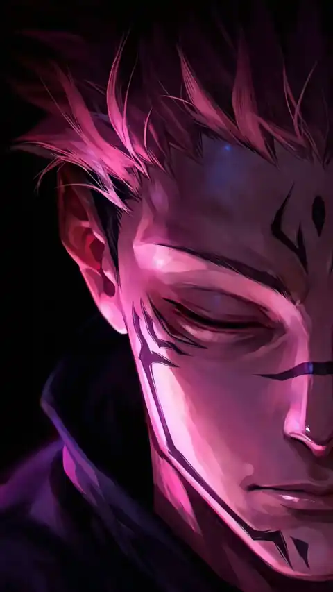 Ilustración animada de Ryomen Sukuna de Jujutsu Kaisen con cabello rosa y tatuajes malditos brillantes.