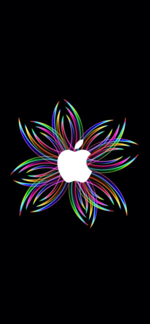 A white Apple logo centered on a black background, surrounded by a colorful neon glowing starburst pattern in rainbow colors.