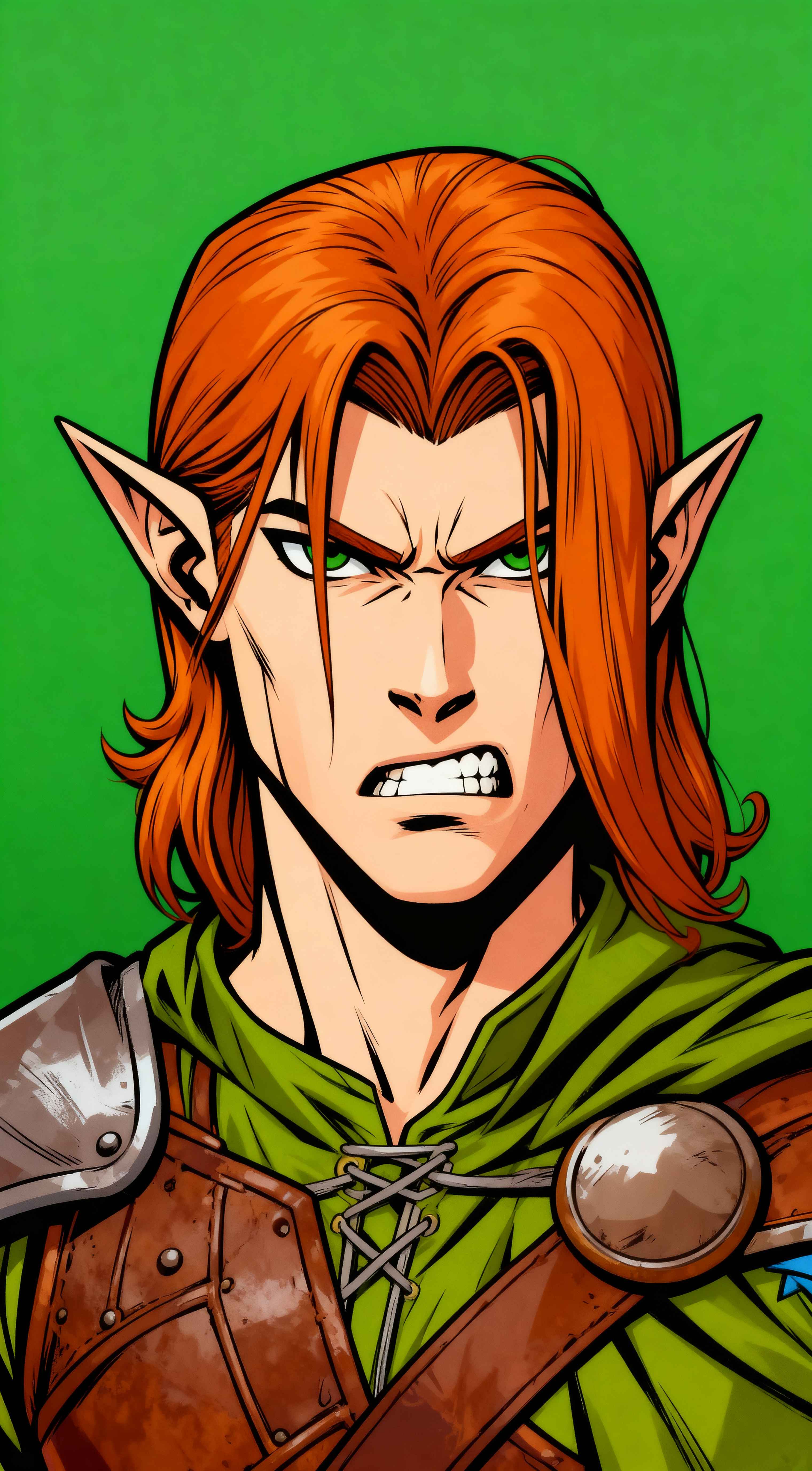 Close-up illustration of an angry male wood elf with long orange hair and green eyes on a bright green background.